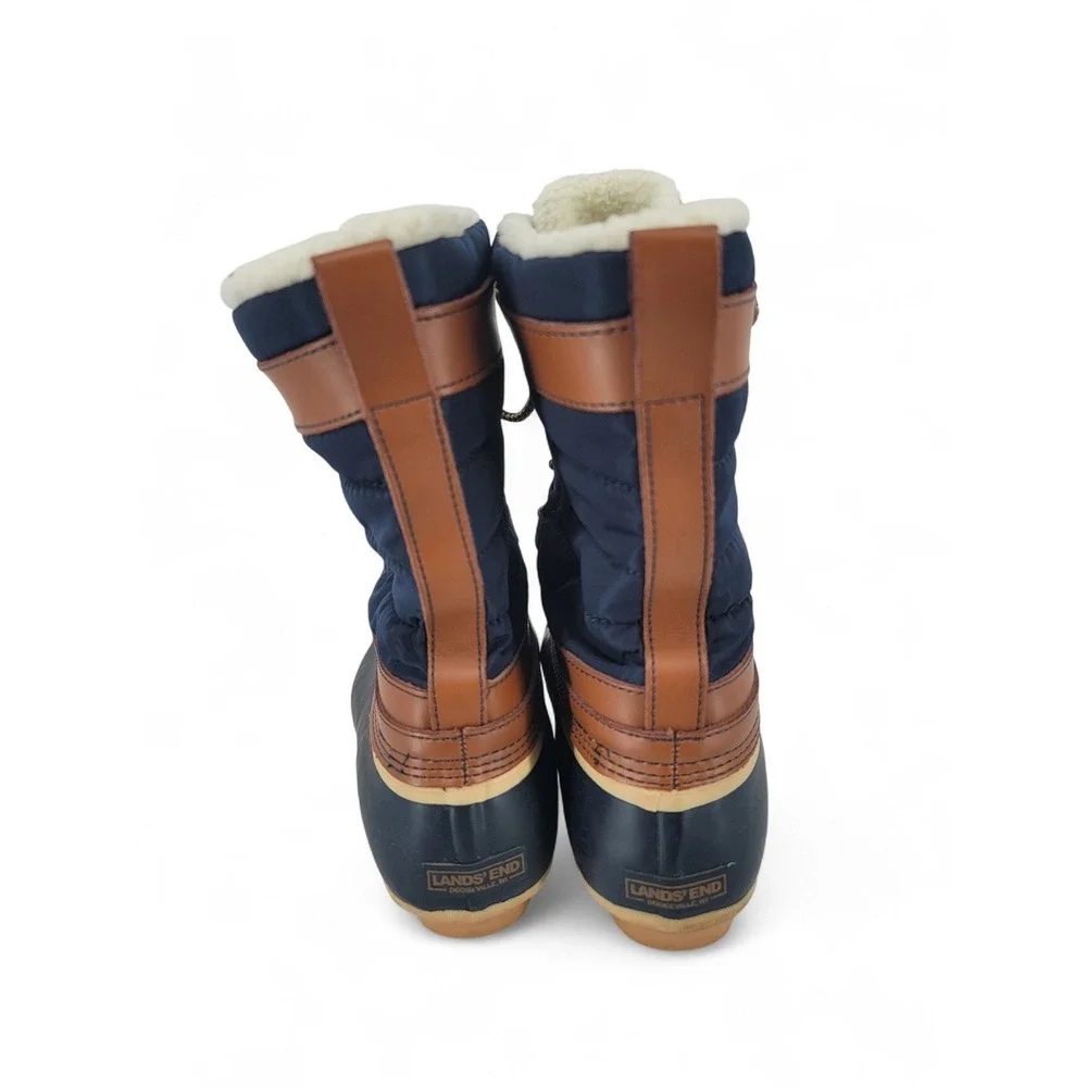 Lands End Duck Boots Womens 8 Navy Brown Waterproof‎ Cozy Winter Snow Lace Up